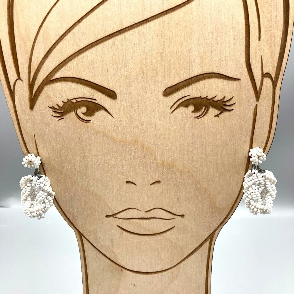 Vintage Braided Seed Bead Earrings, Elegant Milk Glass Hoop Dangles